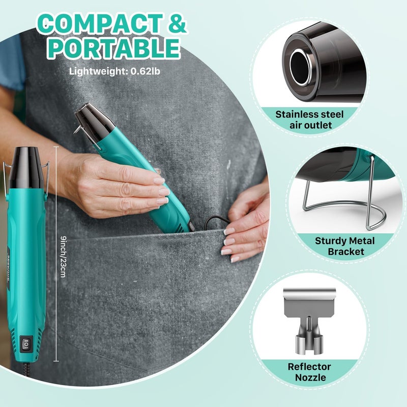 SEEKONE 350W Mini Heat Gun, Dual-Temp Model 500℉ & 842℉（260℃ & 450℃）Fast Heat Hot Air Gun with Overheat Protection and Reflector Nozzle for Heat Shrinking Tubes, Shaping, PVC Tubing（4.9FT） - Image 4